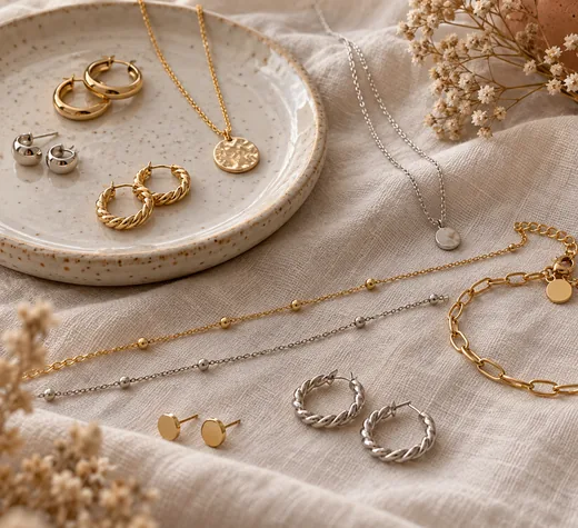 Aros, collares y pulseras de uso cotidiano sobre tela clara