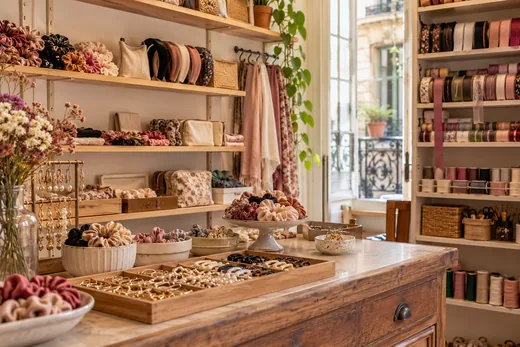 Exhibición ilustrativa de accesorios y artículos de mercería en un espacio comercial